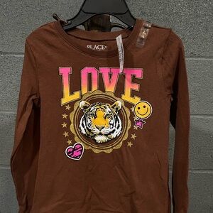 Kids Brown Long Sleeve Shirt with Tiger Graphic